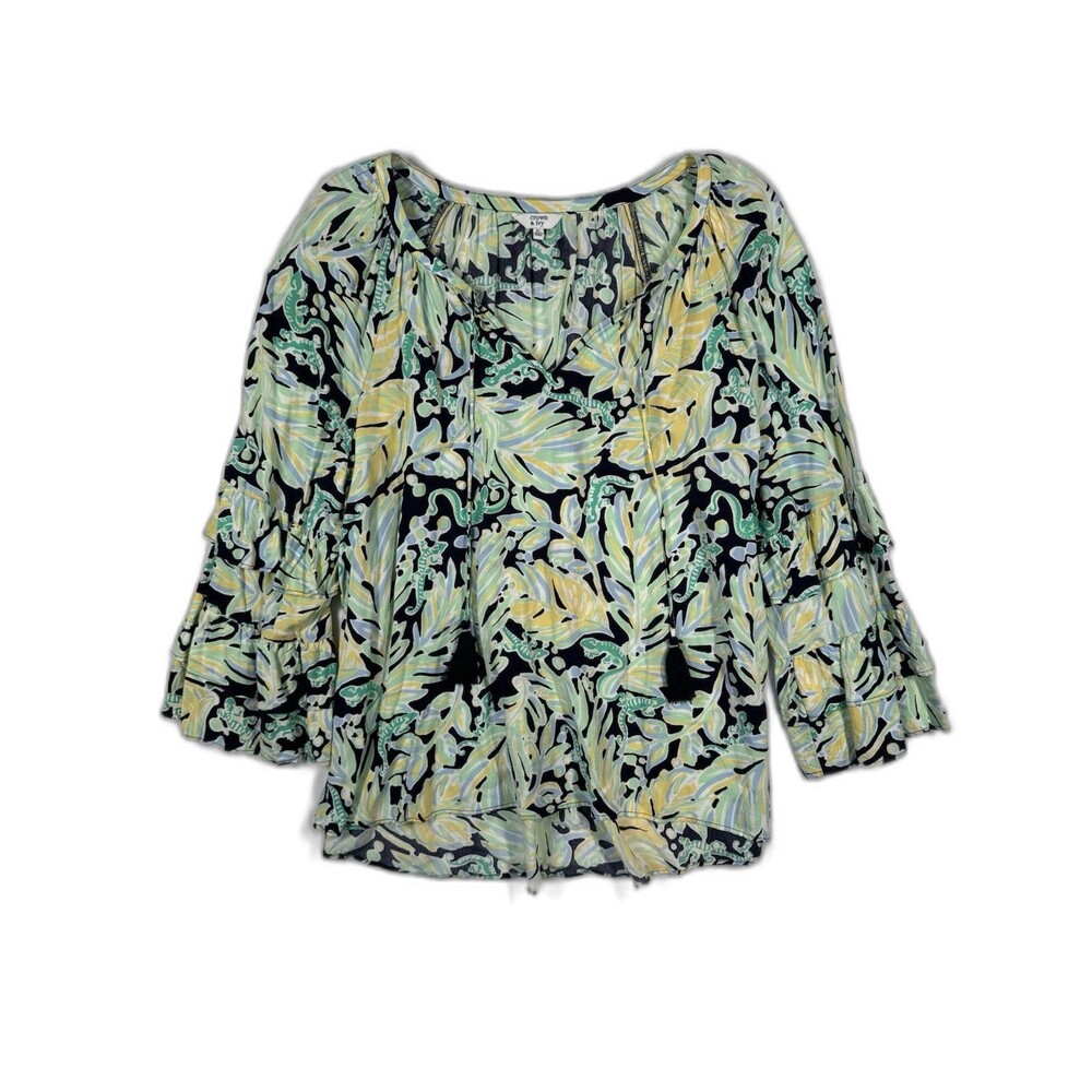 Crown & Ivy - Green Blue Yellow Tropical Ruffle Sleeve Blouse - Size Extra Large